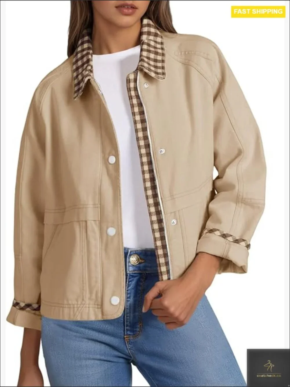 Cropped Lightweight Barn Jacket Zip-Up Casual Plaid Contrast Outerwear Trendy